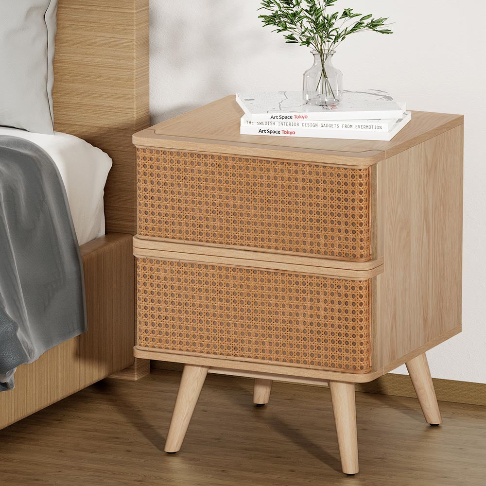 Artiss Bedside Table Rattan Side End Table 2 Drawers Nightstand Bedroom Storage