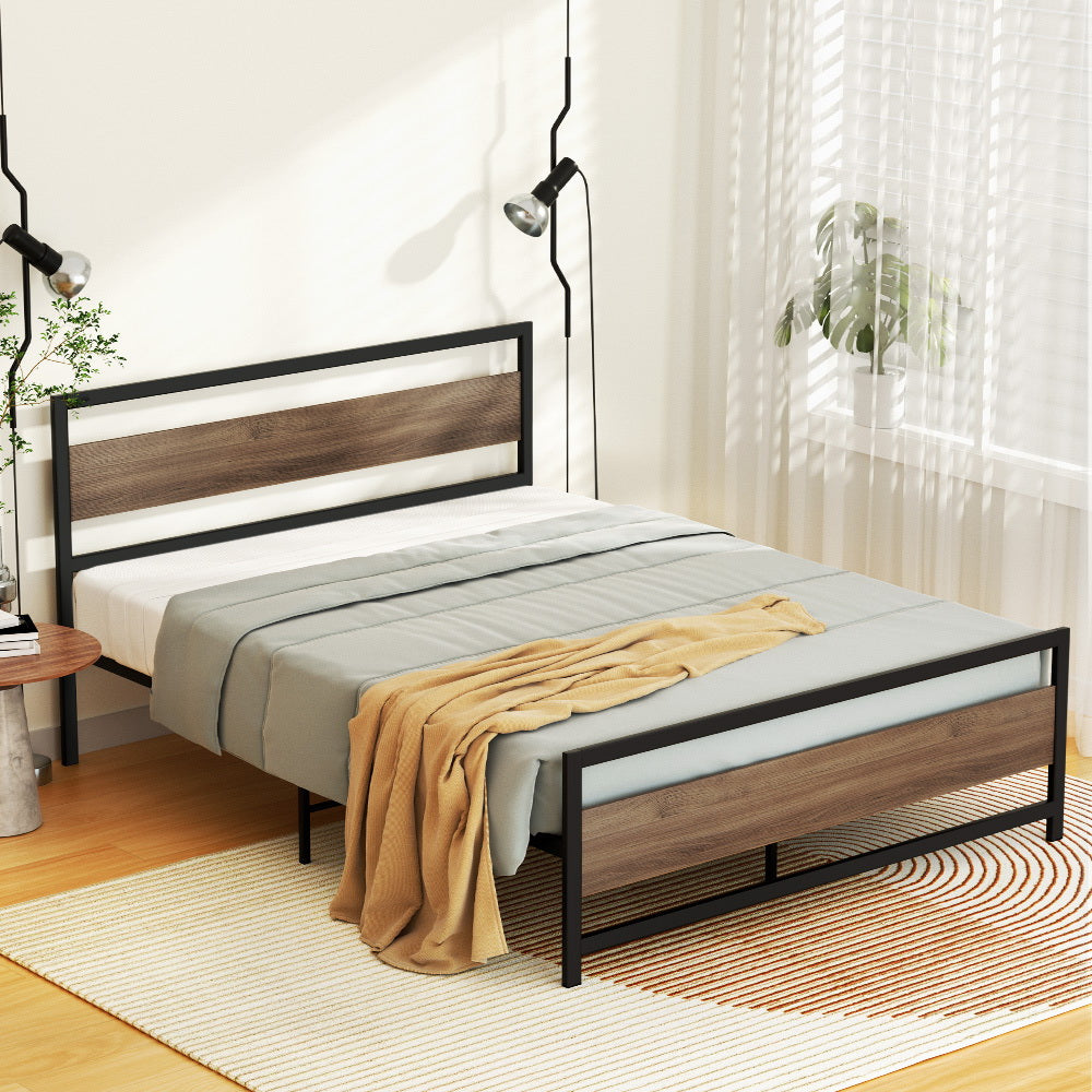 Artiss Bed Frame Metal Bed Base Queen Size Platform Wooden Headboard Black DREW