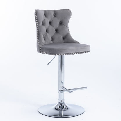 2x Height Adjustable Swivel Bar Stool Velvet Stud Barstool with Footrest and Chromed Base- Gray