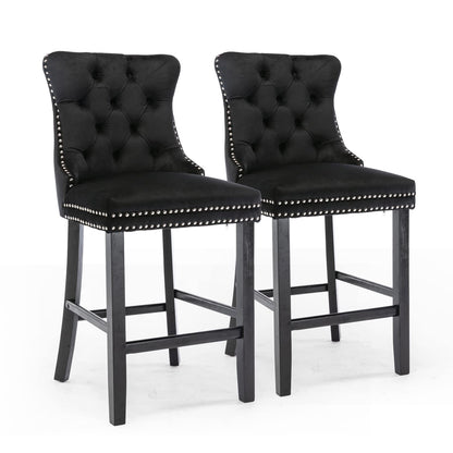 2X Velvet Bar Stools with Studs Trim Wooden Legs Tufted Dining Chairs Kitchen