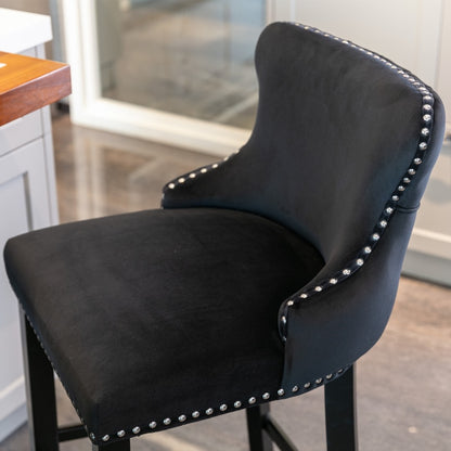 4x Velvet Upholstered Button Tufted Bar Stools with Wood Legs and Studs-Black