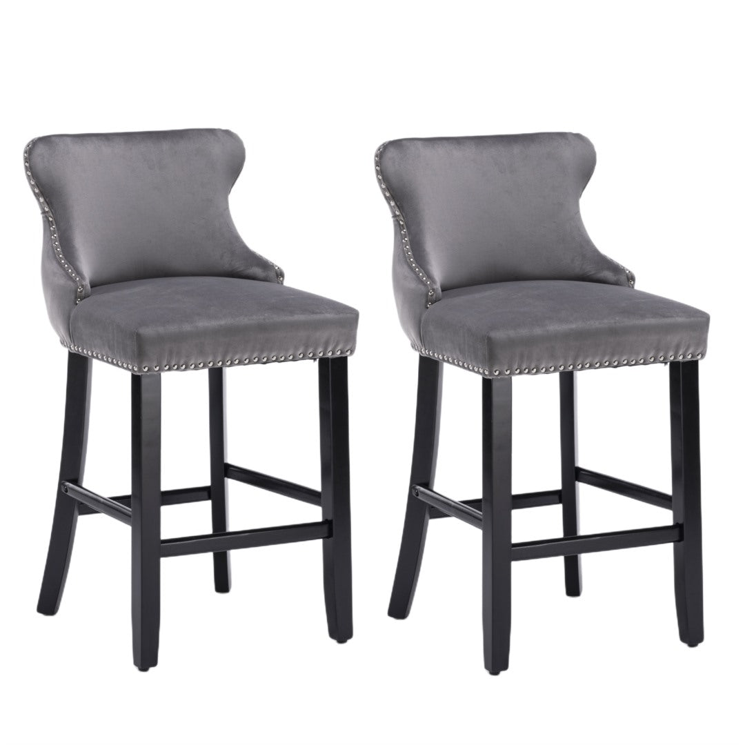 2x Velvet Upholstered Button Tufted Bar Stools with Wood Legs and Studs-Grey