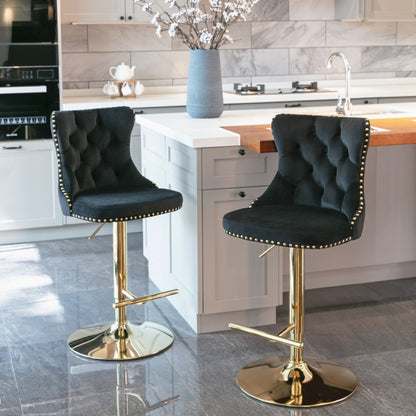 4x Height Adjustable Swivel Bar Stool Velvet Studs Barstool with Footrest and Golden Base- Black