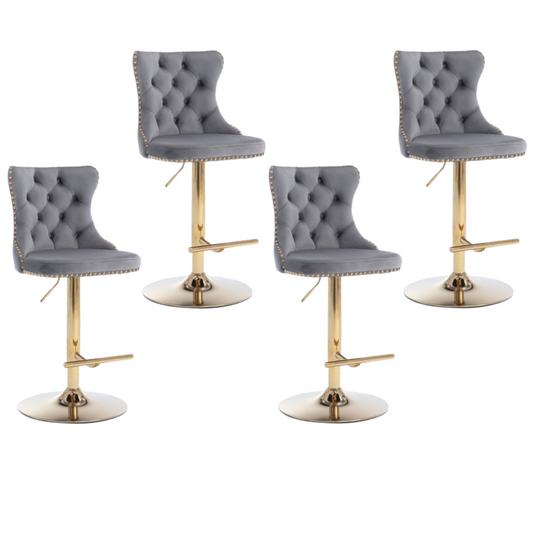 4x Height Adjustable Swivel Bar Stool Velvet Studs Barstool with Footrest and Golden Base- Grey