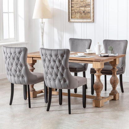 4x Velvet Upholstered Dining Chairs Tufted Wingback Side Chair with Studs Trim Solid Wood Legs for Kitchen