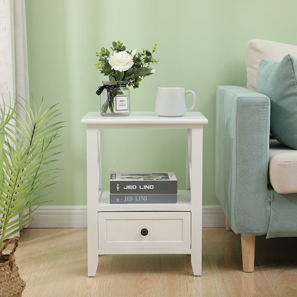 2-tier Bedside Table with Storage Drawer 2 PC &#8211; Rustic White