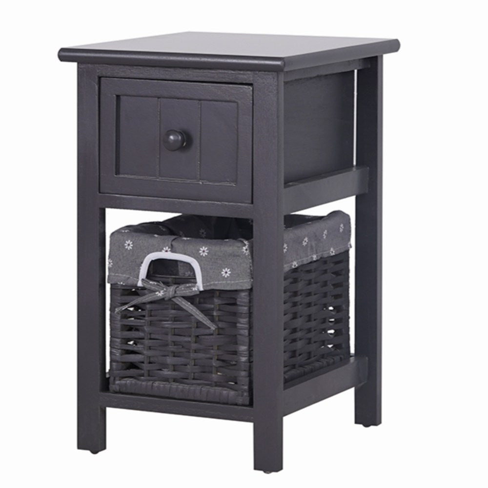 Grey Bedside Table with Wicker Basket