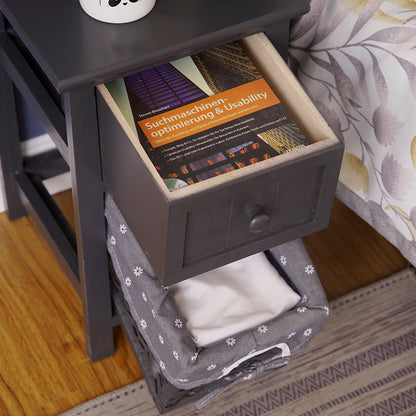 Grey Bedside Table with Wicker Basket