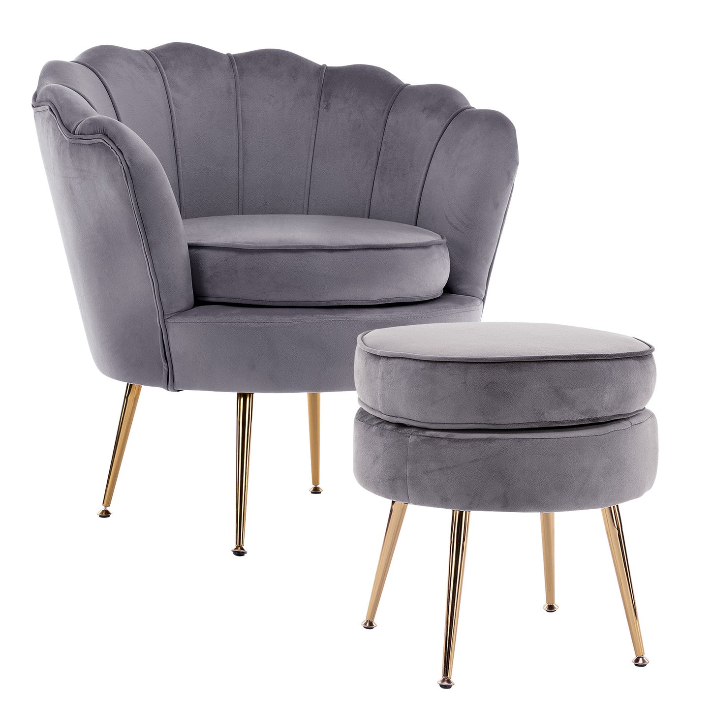 La Bella Shell Scallop Grey Armchair Accent Chair Velvet + Round Ottoman Footstool