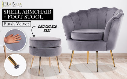 La Bella Shell Scallop Grey Armchair Accent Chair Velvet + Round Ottoman Footstool