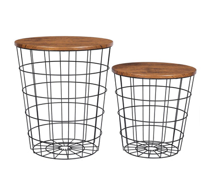 YES4HOMES Vintage Round Coffee Tables Set of 2 Side Tables Robust Steel Frame for Living Room Bedroom Rustic Brown and Black