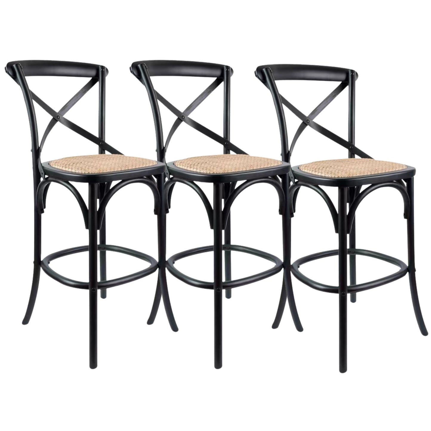 Aster 3pc Crossback Bar Stools Dining Chair Solid Birch Timber Rattan Seat Black