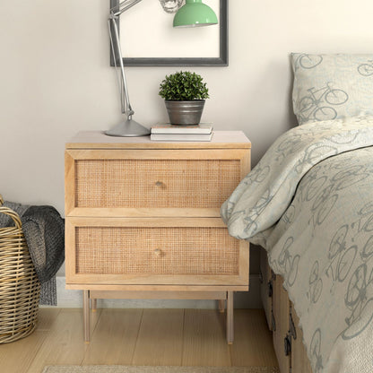 Martina Bedside Table 2 Drawer Storage Cabinet Solid Mango Wood Rattan